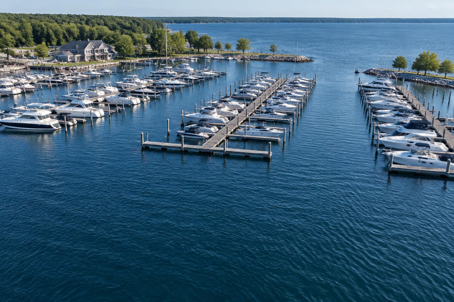 Illustrative aerial view of boats in marina slips with open docking fairways